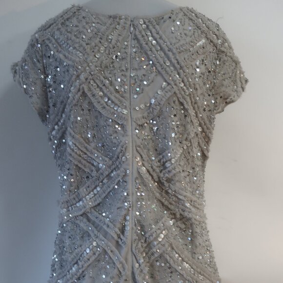 Womens Aidan Mattox Gray Silver Sequin Cap Sleeve Midi Sheath Pencil Dress 14 - Picture 9 of 16